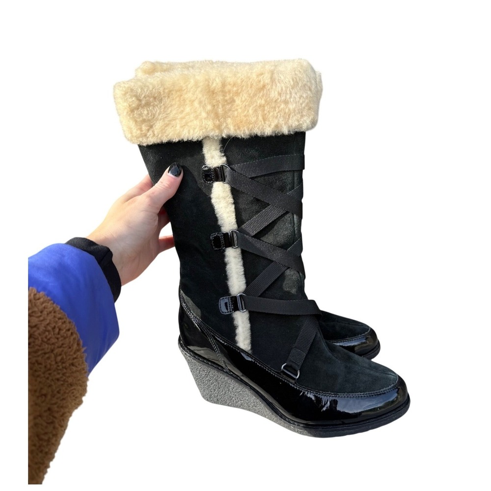 Cole Haan Nike Air Leather Faux Fur Wedge Boots Size 7.5